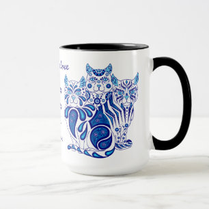 Cat kitten folk blue delft Patches/Stripes/Bobbles Mug
