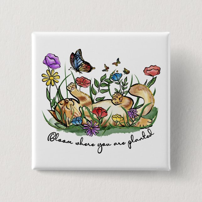 Cat kitten playing garden butterfly flowers bloom 15 cm square badge (Front)
