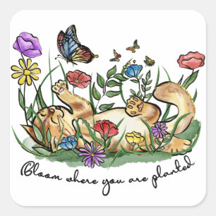 Cat kitten playing garden butterfly flowers bloom  square sticker