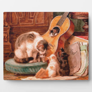 Cat Kittens and Guitar - Painterly Vintage Art Plaque