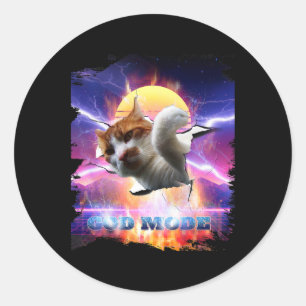 Cat Kitty Cracked Wall Gaming Gamer God Mode Funny Classic Round Sticker