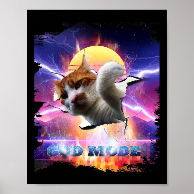 Cat Kitty Cracked Wall Gaming Gamer God Mode Funny Poster (Front)