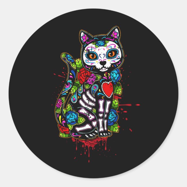 Cat Kitty Kitten Paws Sugar Skull Calavera Hallowe Classic Round Sticker (Front)