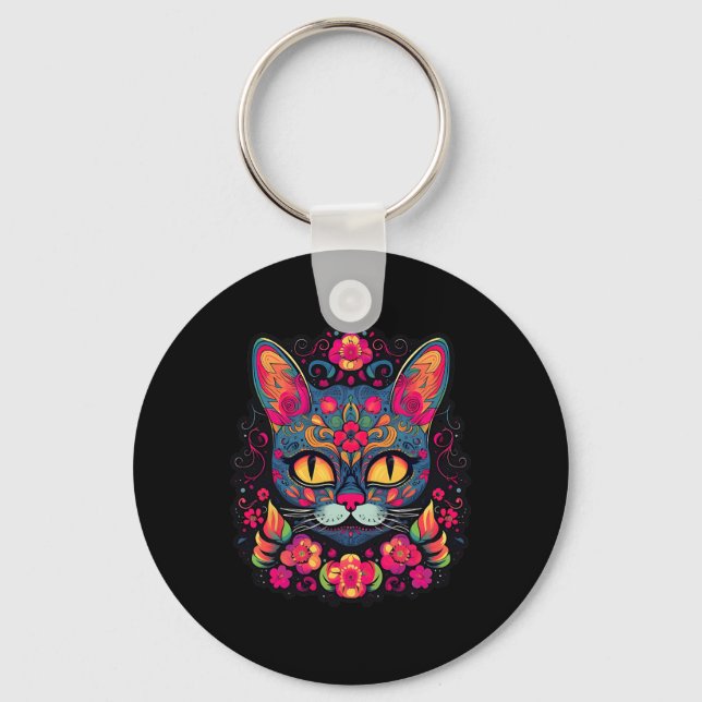 Cat Kitty Kitten Paws Sugar Skull Calavera Hallowe Key Ring (Front)