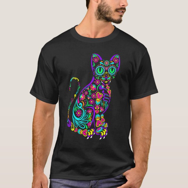 Cat Kitty Kitten Paws Sugar Skull Calavera Hallowe T-Shirt (Front)