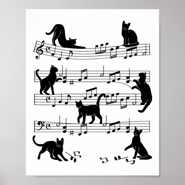 Cat Kitty Playing Music Clef Piano Musician Art  Poster (Front)