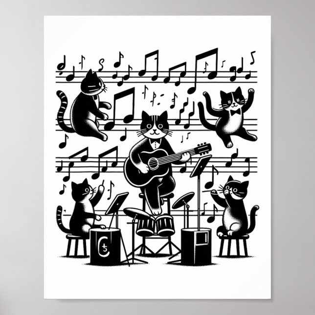 Cat Kitty Playing Music Note Clef Musician Art Cat Poster (Front)