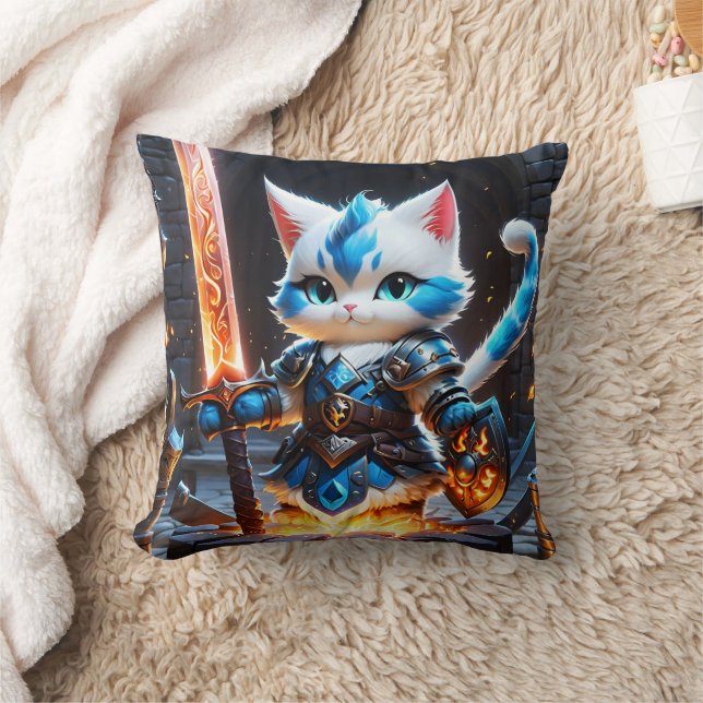 Cat Knight in Armour Wielding a Flaming Sword Cushion (Blanket)