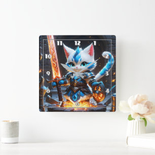 Cat Knight in Armour Wielding a Flaming Sword Square Wall Clock
