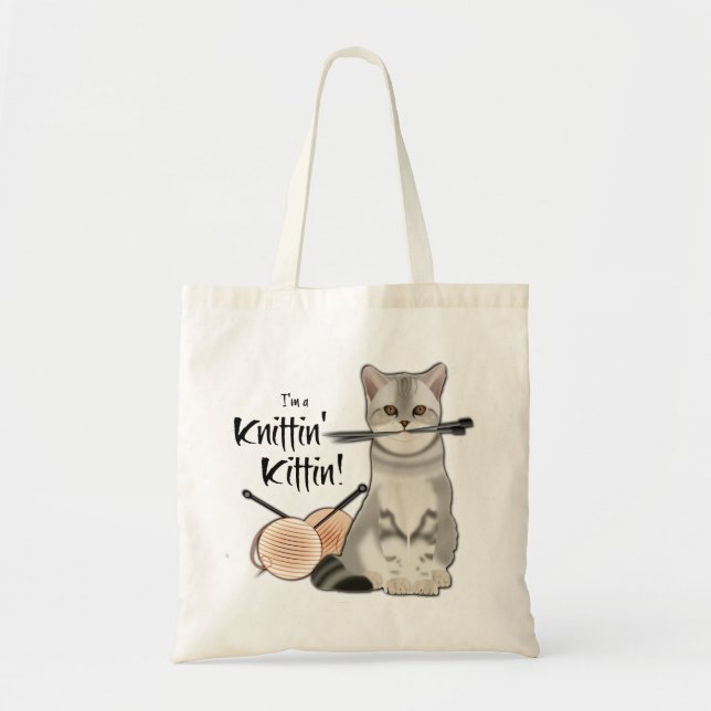 Cat Knitting bag cotton tote with handles peach (Front)