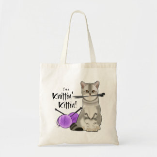 Cat Knitting bag cotton tote with handles purple