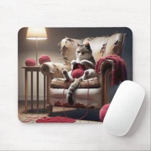 Cat Knitting In Old Chair Mouse Pad