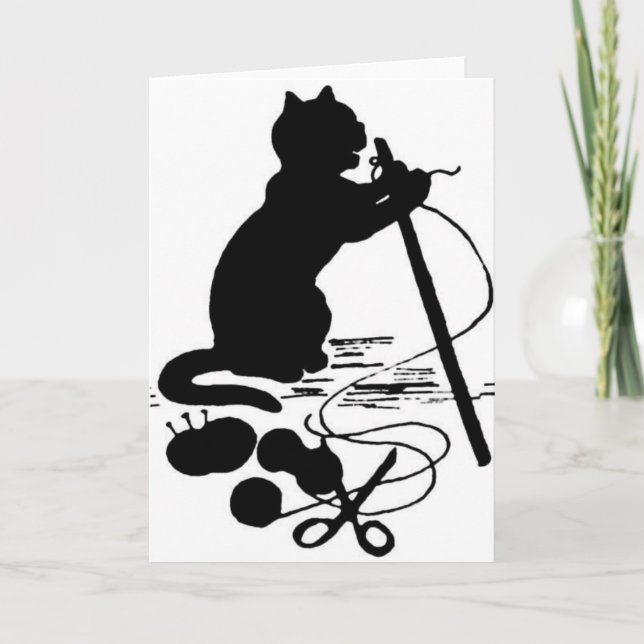Cat Knitting Silhouette Black/White Greeting Card (Front)
