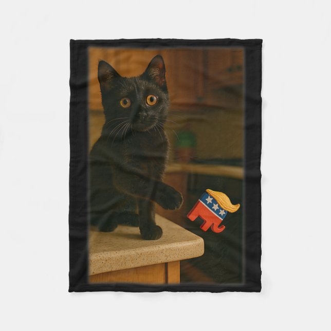 Cat Knocking Trump Off Counter Table Ledge Funny  Fleece Blanket (Front)
