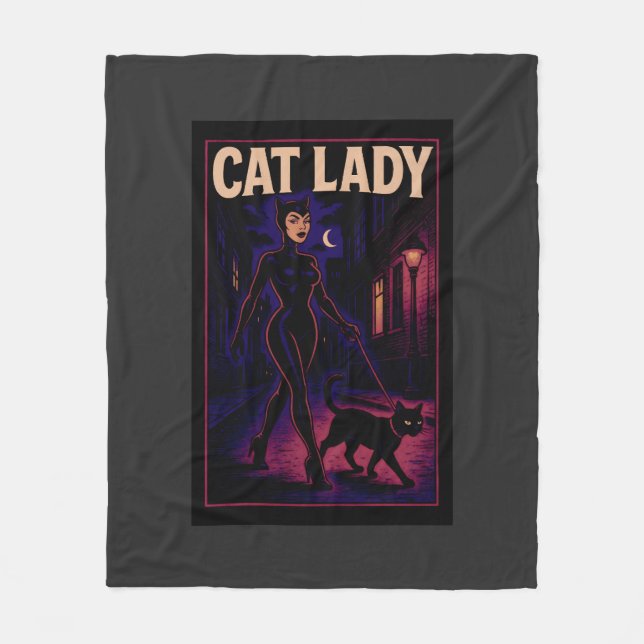 Cat Lady -Cats Art Lover- City Night Comic Graphic Fleece Blanket (Front)