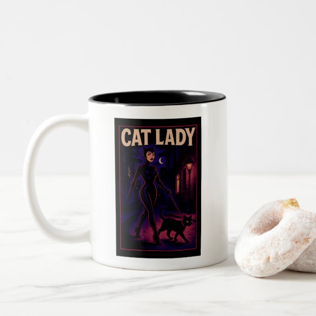 Cat Lady -Cats Art Lover- City Night Comic Graphic Two-Tone Coffee Mug (With Donut)
