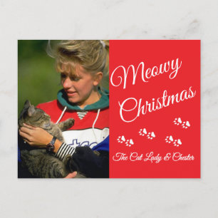 Cat Lady Christmas Photo Holiday Paw Prints Red Postcard