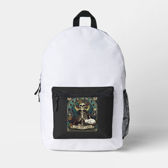 Cat Lady Haloween Skeleton Floral Moon Compass Printed Backpack (Front)