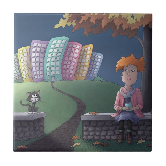 Cat Lady in the park Ceramic Tile (Front)