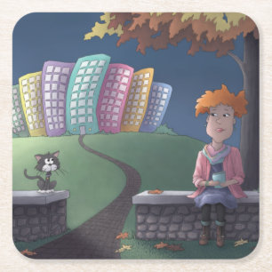 Cat Lady in the park Square Paper Coaster