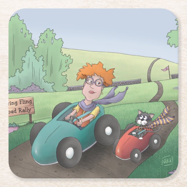 Cat Lady Road Rally Square Paper Coaster (Front)