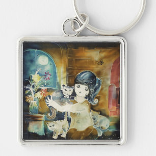 Cat Lady Silk Art Painting Key Ring