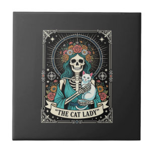 Cat Lady Skeleton Tarot Floral Gothic Ceramic Tile
