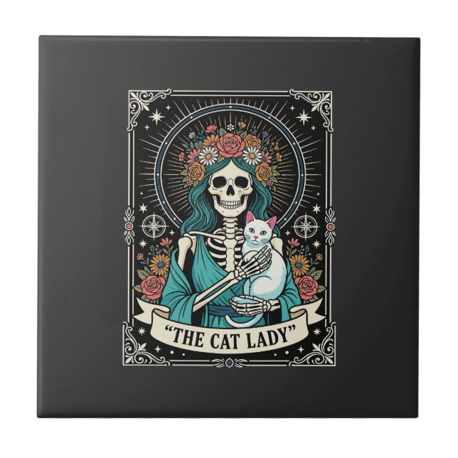 Cat Lady Skeleton Tarot Floral Gothic Ceramic Tile (Front)