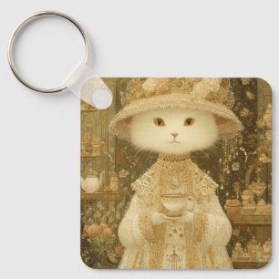 Cat Lady Snow – Victorian Cat with Teacup Key Ring