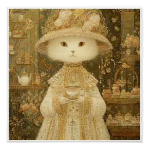 Cat Lady Snow – Victorian Cat with Teacup Poster