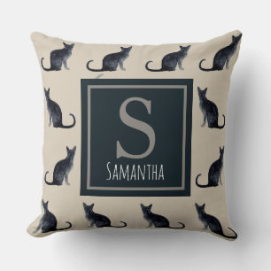 Cat Lady Taupe Watercolor Black Kitty Pattern Cushion