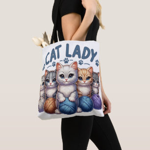 CAT LADY WITH KITTENS AND BALLS OF YARN TOTE BAG