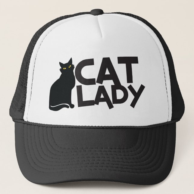 cat lady with slinky black cat yellow eyes trucker hat (Front)