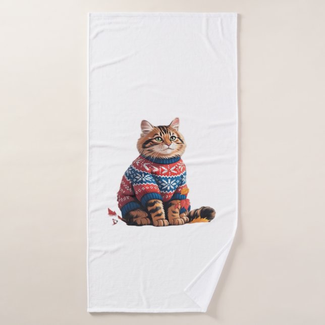 Cat Leaf Fall Hello Autumn Funny Cat Kitten Lover  Bath Towel (Bath Towel)