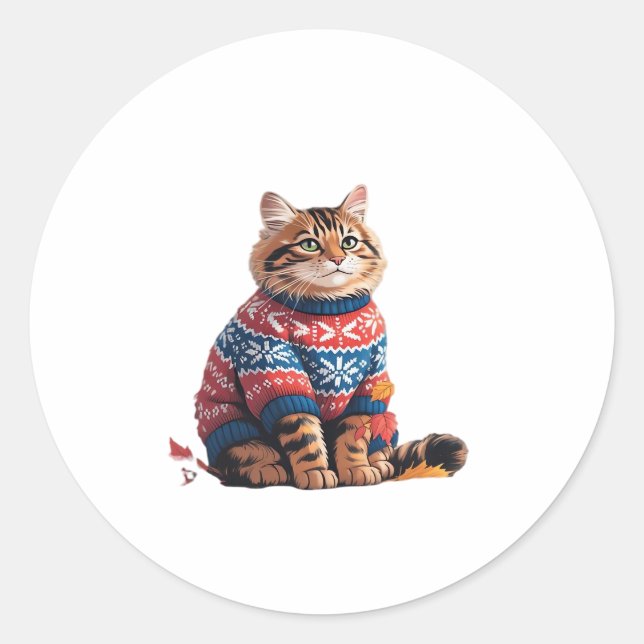 Cat Leaf Fall Hello Autumn Funny Cat Kitten Lover  Classic Round Sticker (Front)