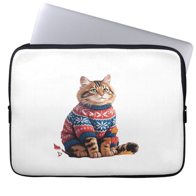 Cat Leaf Fall Hello Autumn Funny Cat Kitten Lover  Laptop Sleeve (Front)