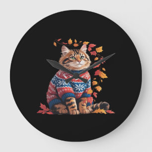 Cat Leaf Fall Hello Autumn Funny Cat Kitten Lover  Large Clock