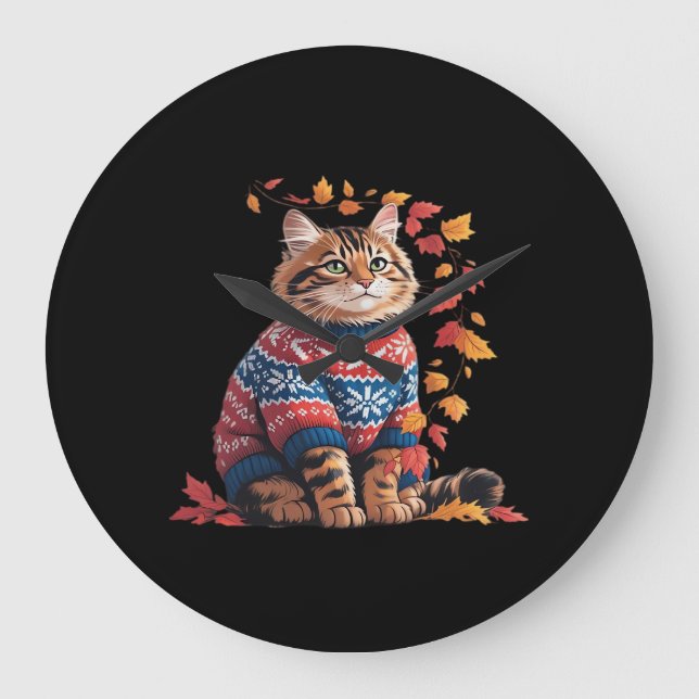 Cat Leaf Fall Hello Autumn Funny Cat Kitten Lover  Large Clock (Front)