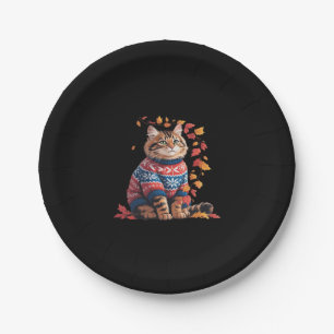 Cat Leaf Fall Hello Autumn Funny Cat Kitten Lover  Paper Plate