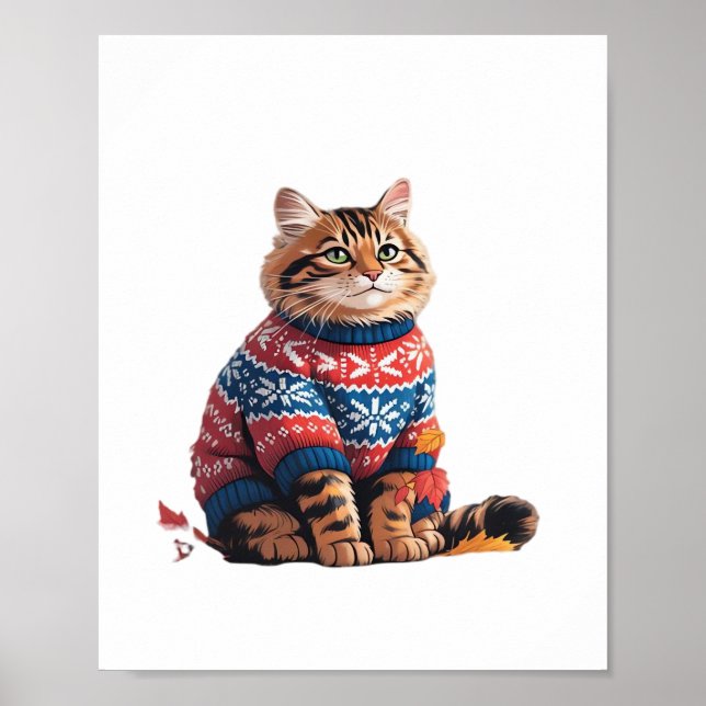 Cat Leaf Fall Hello Autumn Funny Cat Kitten Lover  Poster (Front)