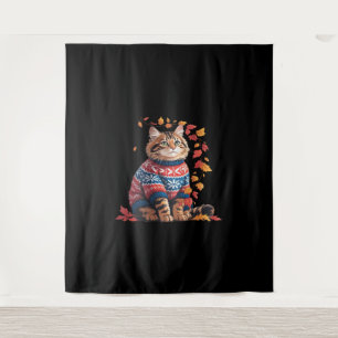 Cat Leaf Fall Hello Autumn Funny Cat Kitten Lover  Tapestry