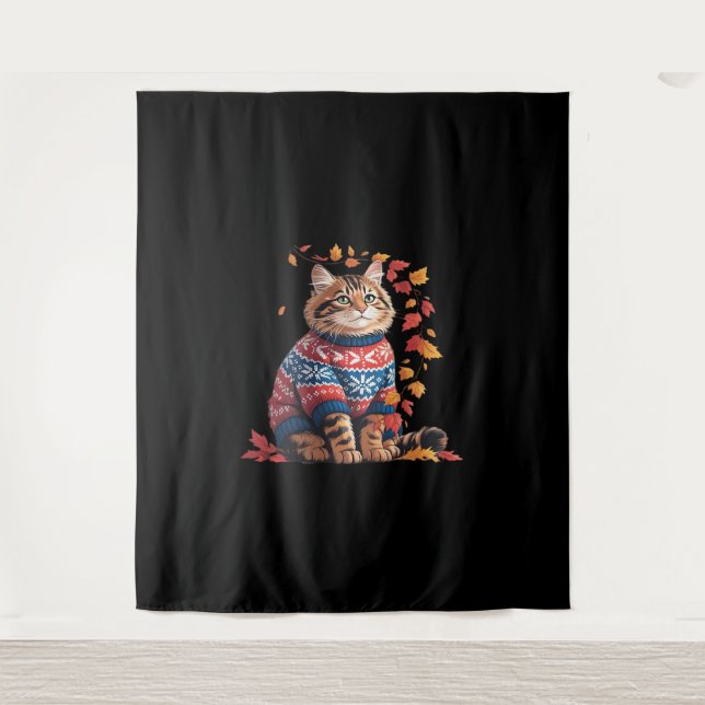 Cat Leaf Fall Hello Autumn Funny Cat Kitten Lover  Tapestry (Front)