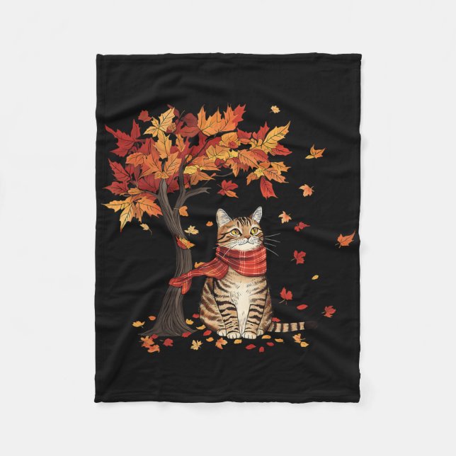 Cat Leaf Fall Tree Hello Autumn Thanksgiving It's  Fleece Blanket (Front)