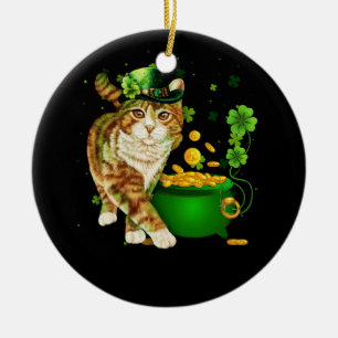 Cat Leprechaun Hat Shamrock St Patrick's Day Gold  Ceramic Ornament