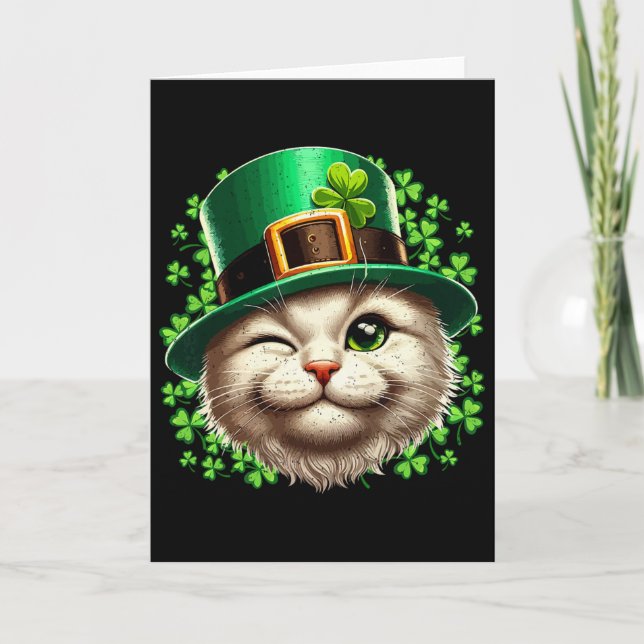 Cat Leprechaun Hat St Patricks Day Kitten Shamrock Card (Front)