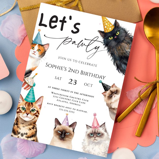 Cat Let's Pawty Kitten Cute 2nd Birthday Invitation (Creator Uploaded)