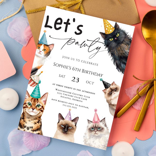 Cat Let's Pawty Kitten Cute kitty 6th Birthday Invitation (Creator Uploaded)