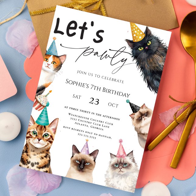 Cat Let's Pawty Kitten Cute kitty 7th Birthday Invitation (Creator Uploaded)