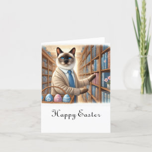 Cat Librarian with easter eggs basket in Library Holiday Card