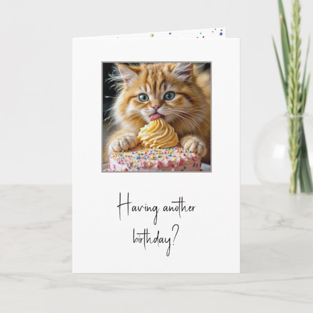 Cat Licking a Birthday Cake Card (Front)